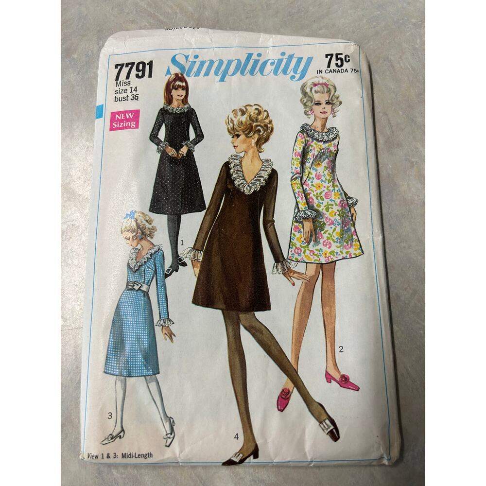 Vintage 1960's Simplicity Pattern #7791 Misses A-Line Dress Size 14